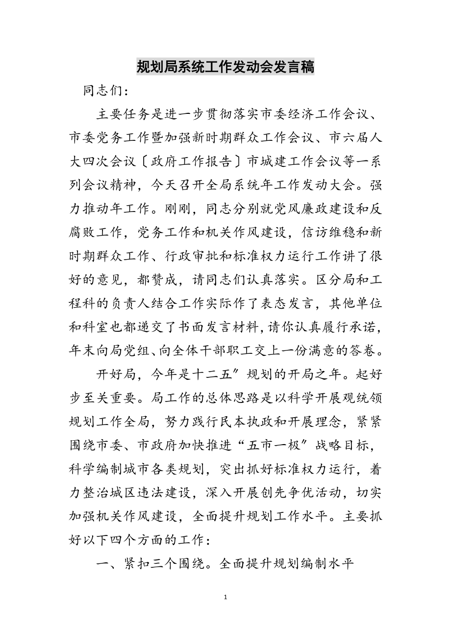 2023年规划局系统工作动员会发言稿范文.doc_第1页