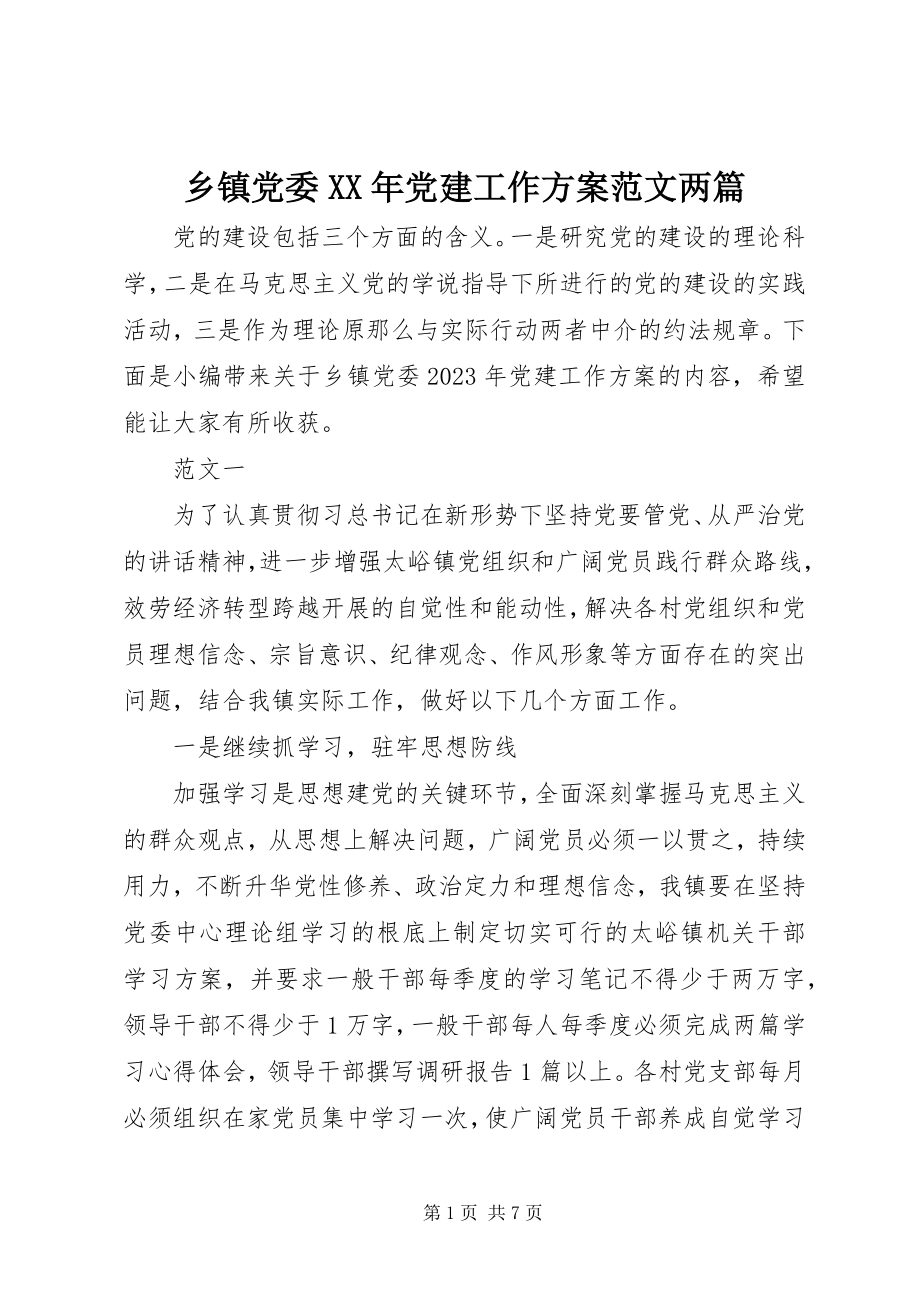 2023年乡镇党委党建工作计划两篇.docx_第1页