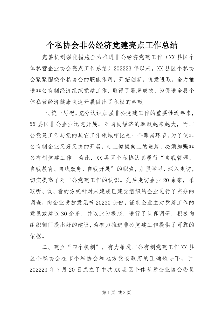 2023年个私协会非公经济党建亮点工作总结.docx_第1页