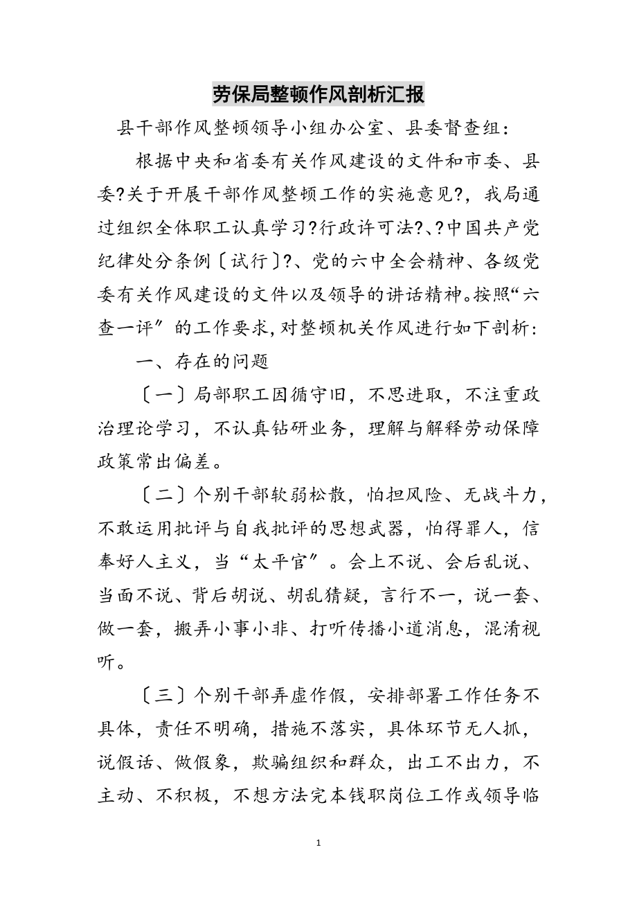 2023年劳保局整顿作风剖析汇报范文.doc_第1页