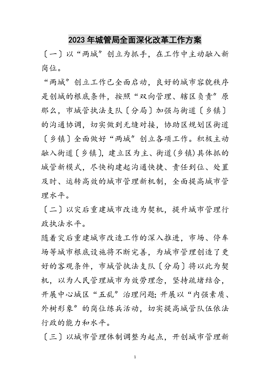 2023年年城管局全面深化改革工作计划范文.doc_第1页