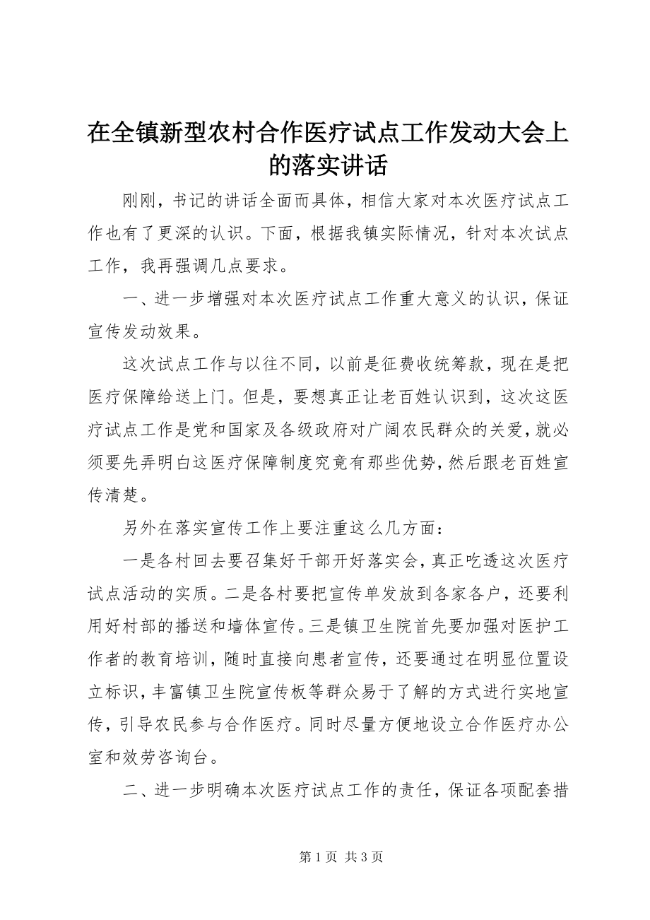 2023年在全镇新型农村合作医疗试点工作动员大会上的落实致辞.docx_第1页