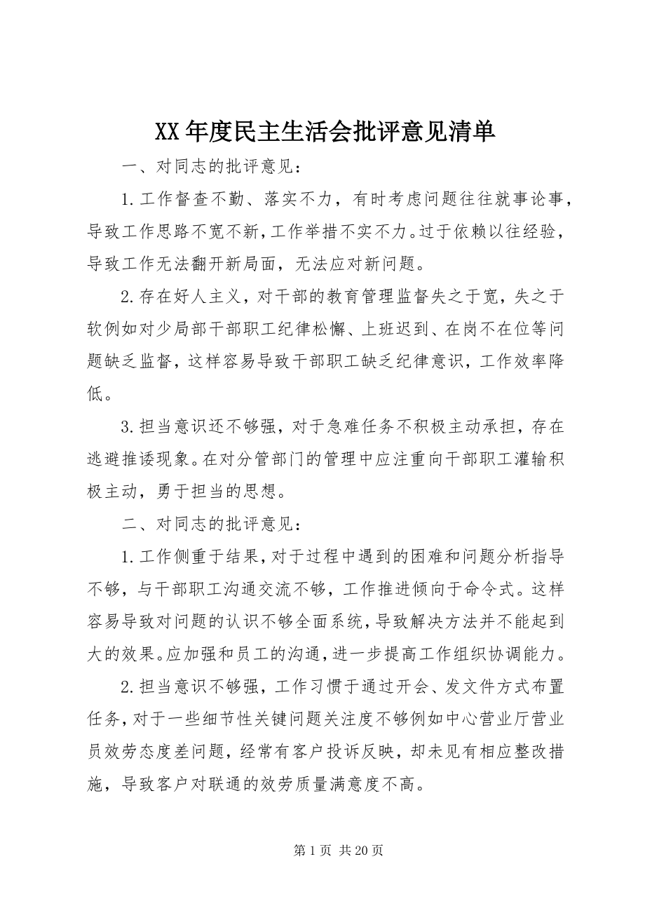 2023年民主生活会批评意见清单.docx_第1页