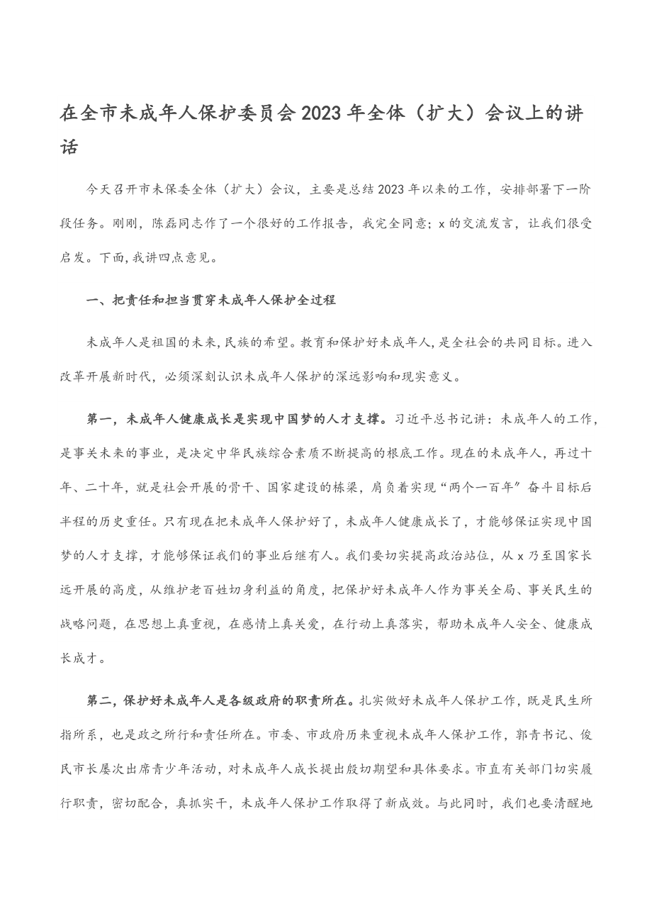 在全市未成年人保护委员会全体（扩大）会议上的讲话.docx_第1页