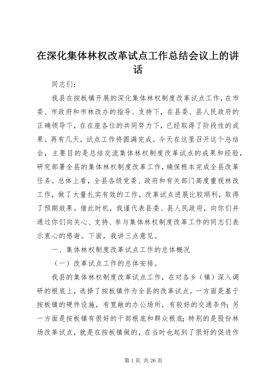 2023年在深化集体林权改革试点工作总结会议上的致辞.docx_第1页