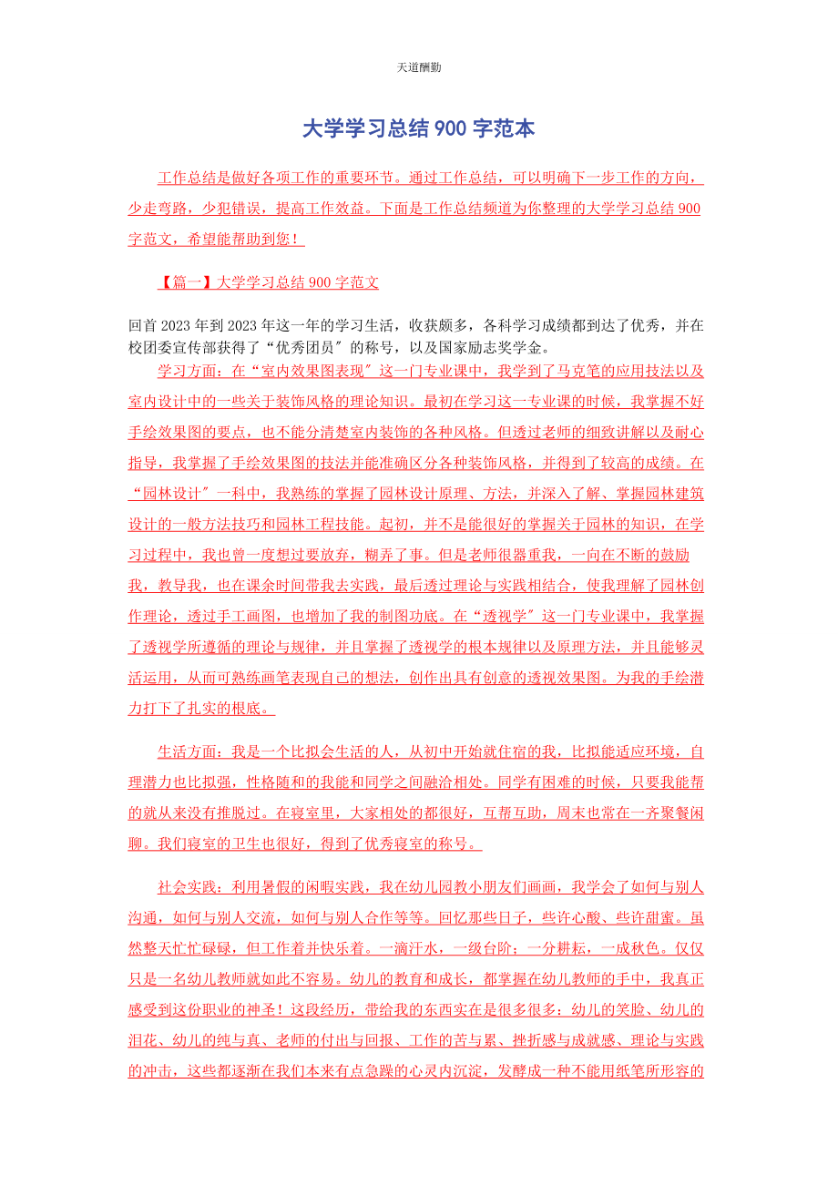 2023年大学学习总结900字范本.docx_第1页