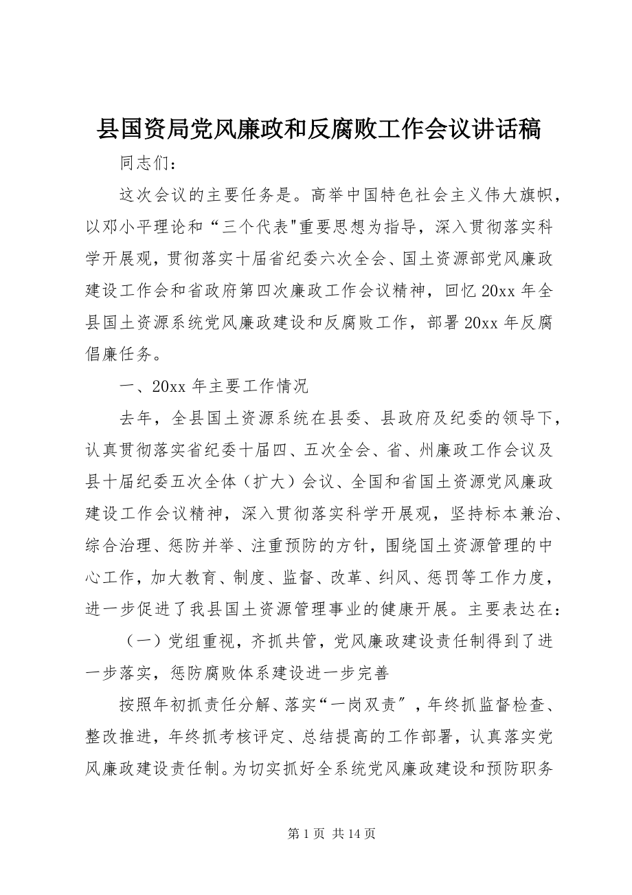 2023年县国资局党风廉政和反腐败工作会议致辞稿.docx_第1页