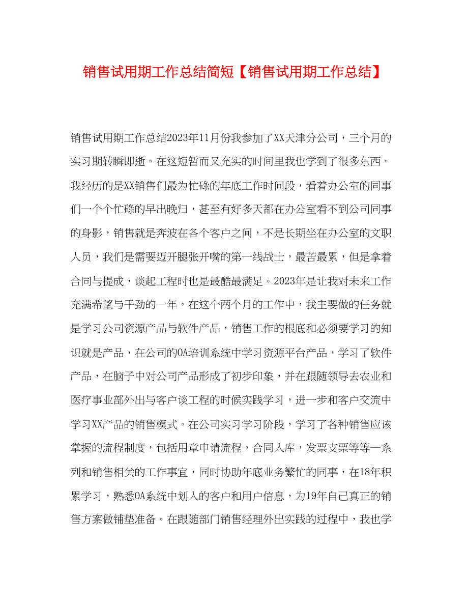 2023年化学试题销售试用期工作总结简短销售试用期工作总结.docx_第1页