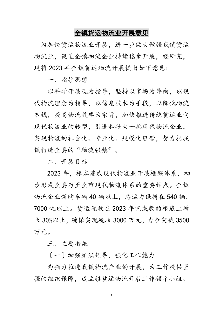 2023年全镇货运物流业发展意见范文.doc_第1页