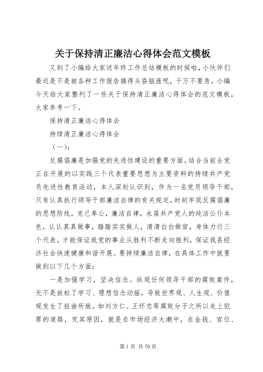 2023年保持清正廉洁心得体会模板.docx_第1页