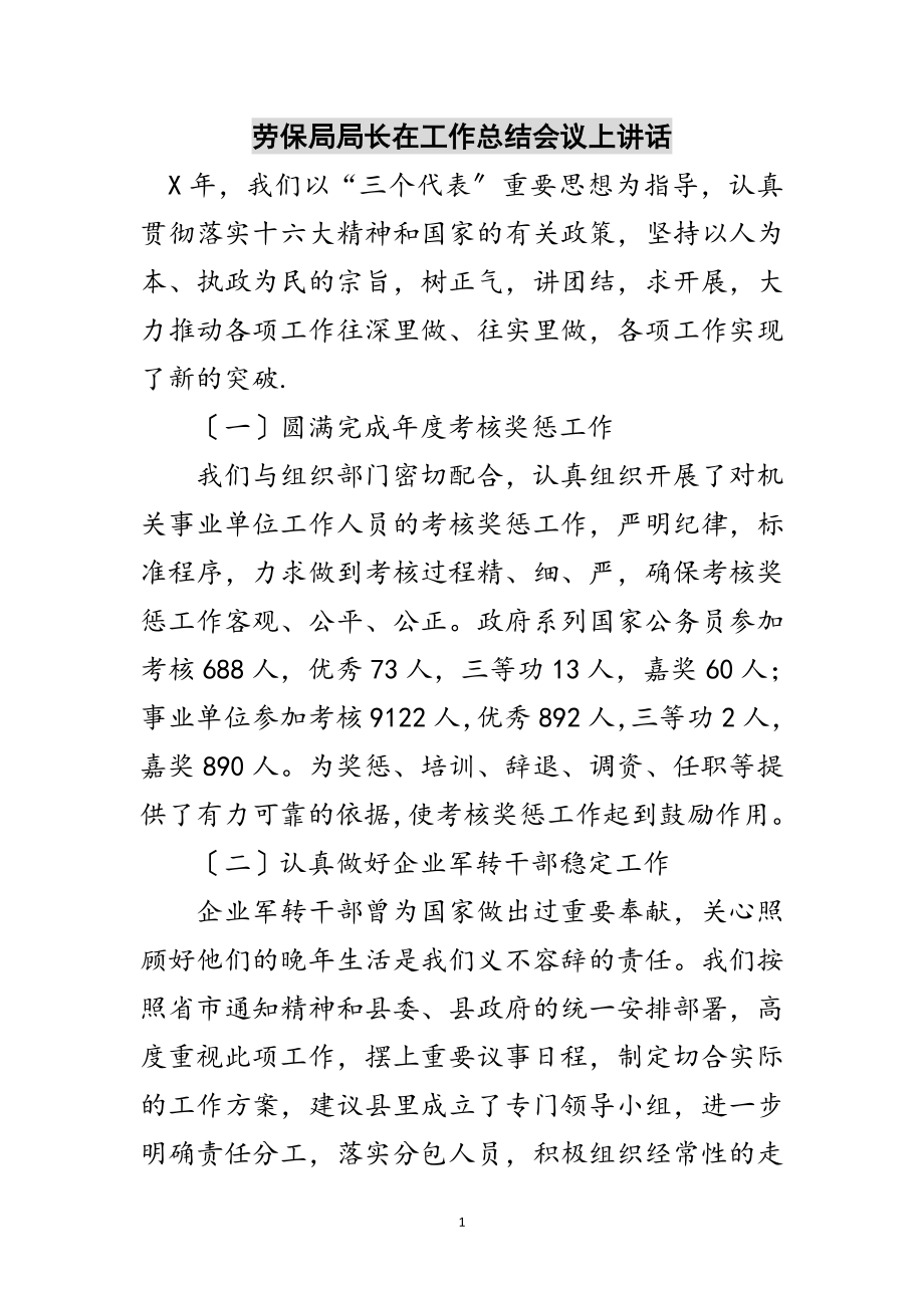 2023年劳保局局长在工作总结会议上讲话范文.doc_第1页