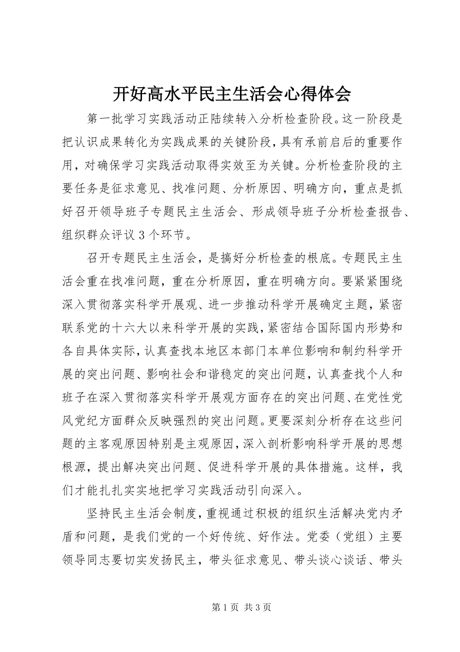 2023年开好高水平民主生活会心得体会.docx_第1页