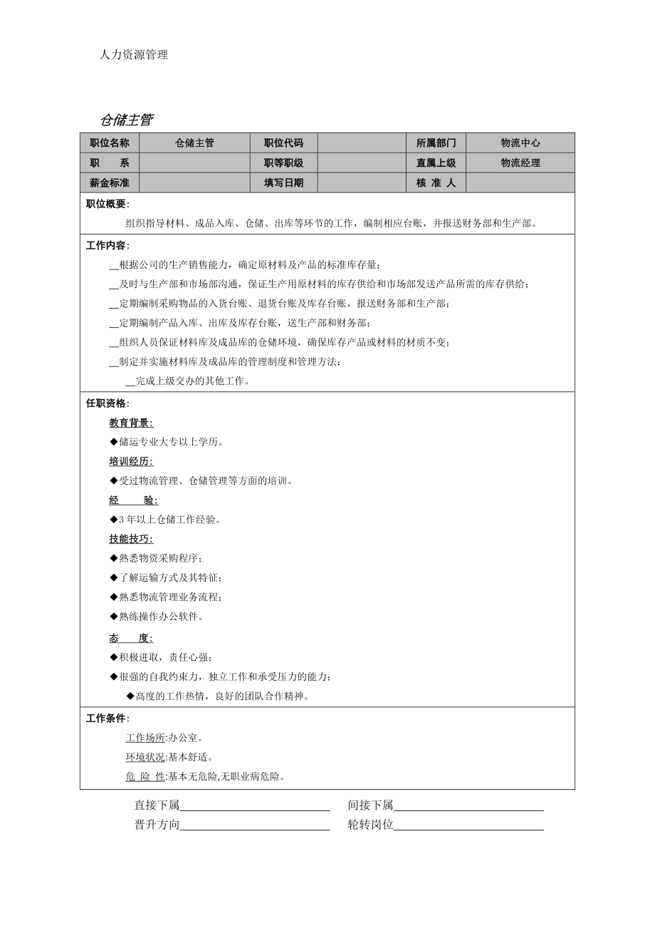 人力资源管理 企业管理 岗位说明 仓储主管.docx_第1页