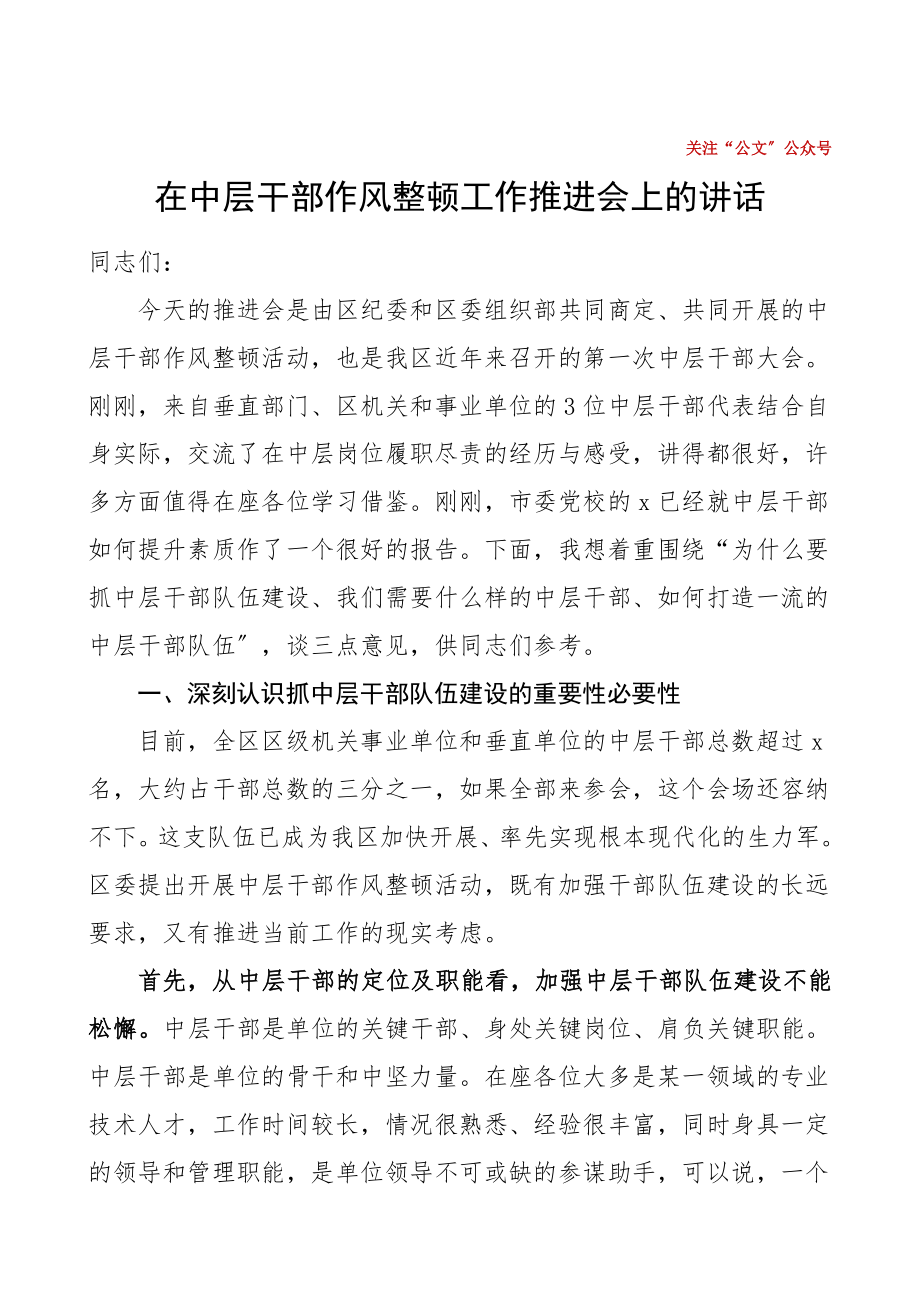 2023年在中层干部作风整顿工作推进会上的讲话会议领导讲话.doc_第1页