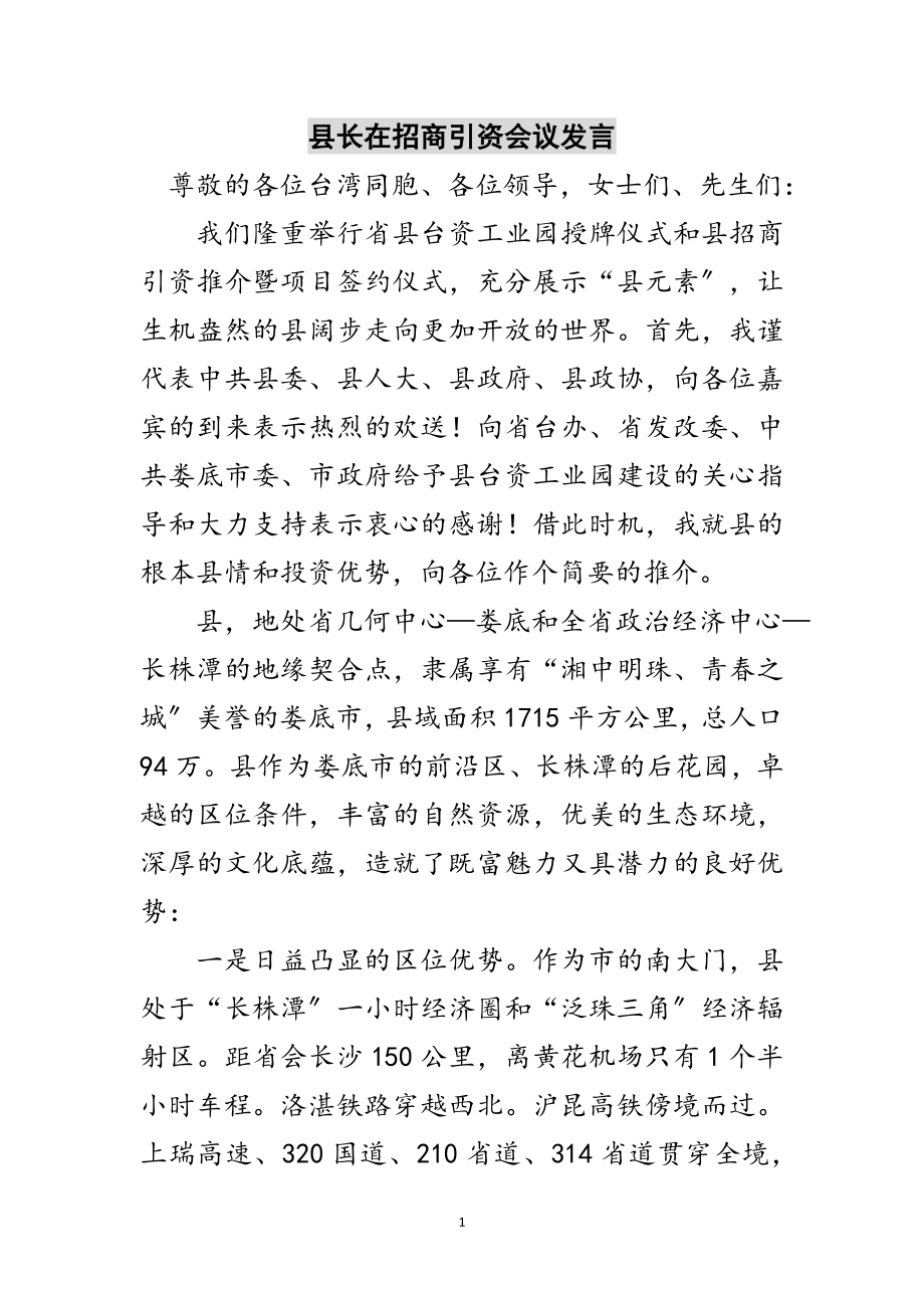 2023年县长在招商引资会议发言范文.doc_第1页