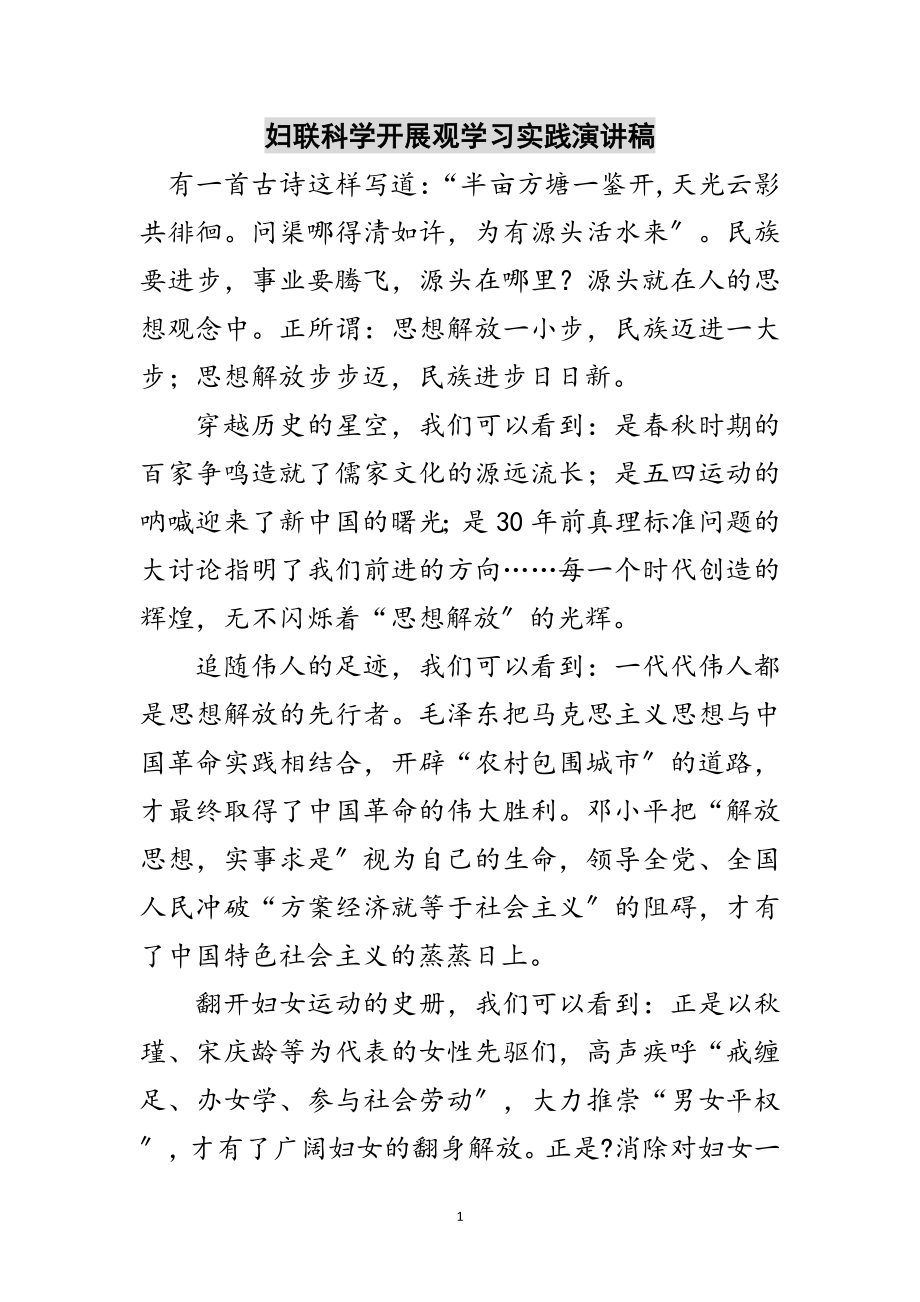 2023年妇联科学发展观学习实践演讲稿范文.doc_第1页