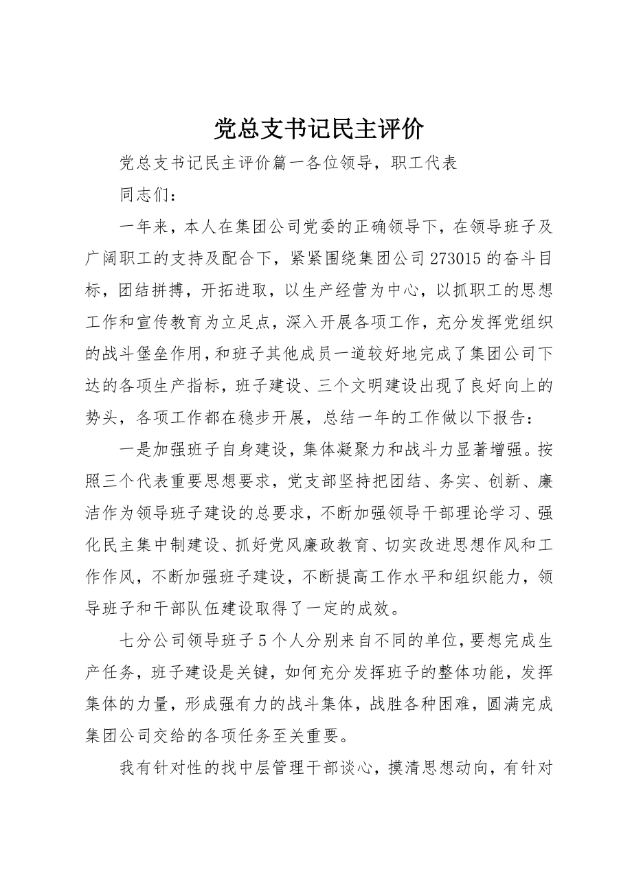 2023年党总支书记民主评价.docx_第1页