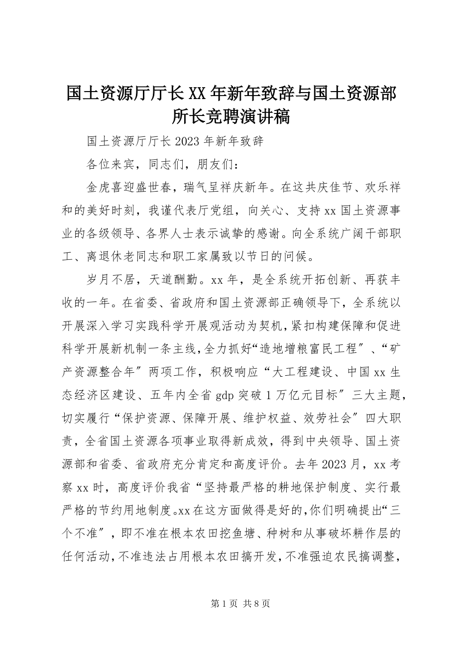 2023年国土资源厅厅长新致辞与国土资源部所长竞聘演讲稿.docx_第1页