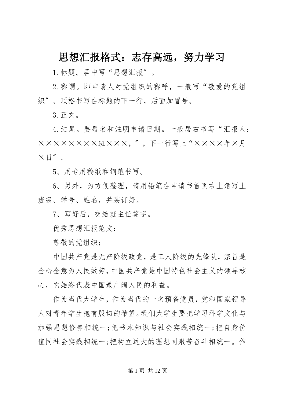 2023年思想汇报格式志存高远努力学习.docx_第1页