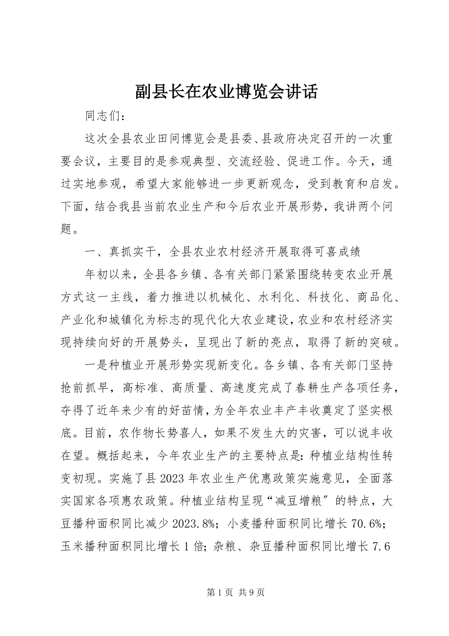 2023年副县长在农业博览会致辞.docx_第1页