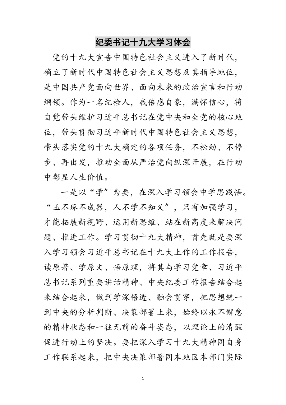 2023年纪委书记十九大学习体会范文.doc_第1页