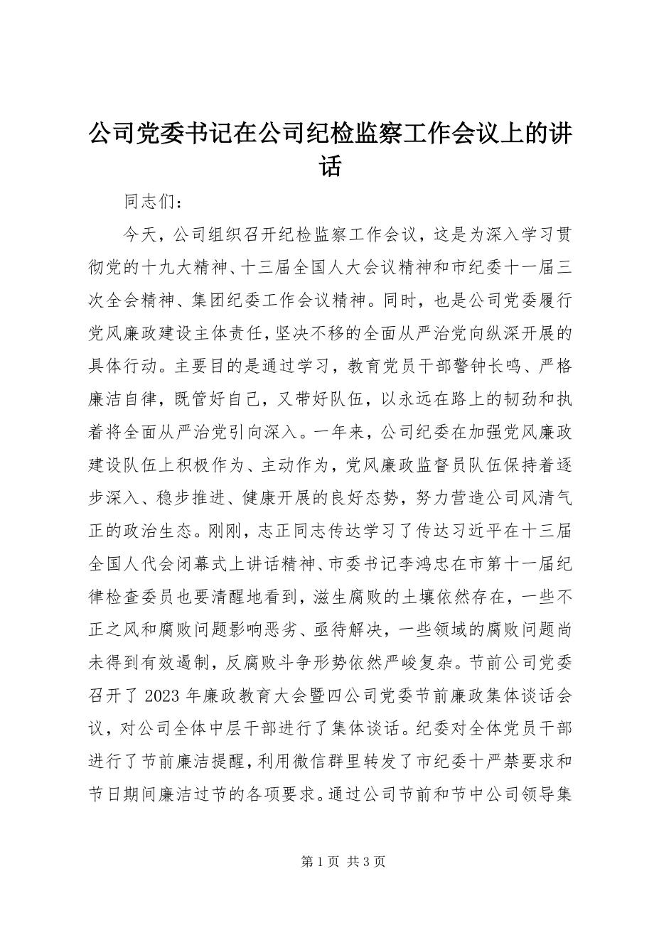 2023年公司党委书记在公司纪检监察工作会议上的致辞.docx_第1页