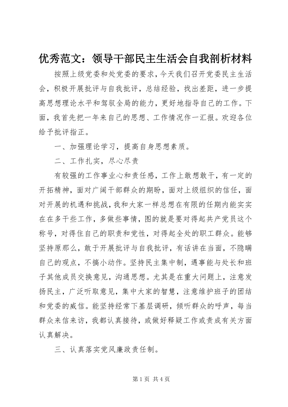 2023年优秀领导干部民主生活会自我剖析材料.docx_第1页