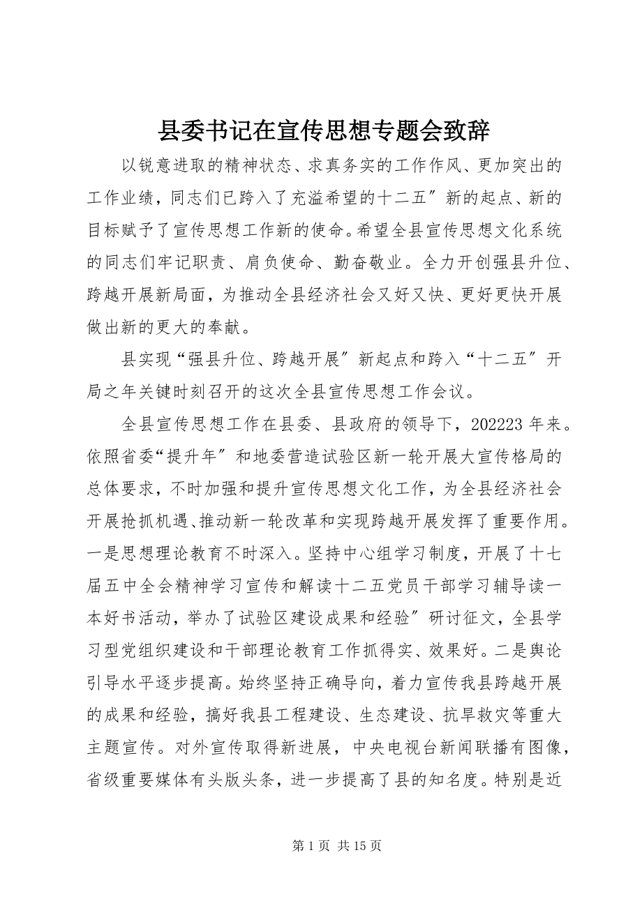 2023年县委书记在宣传思想专题会致辞.docx_第1页