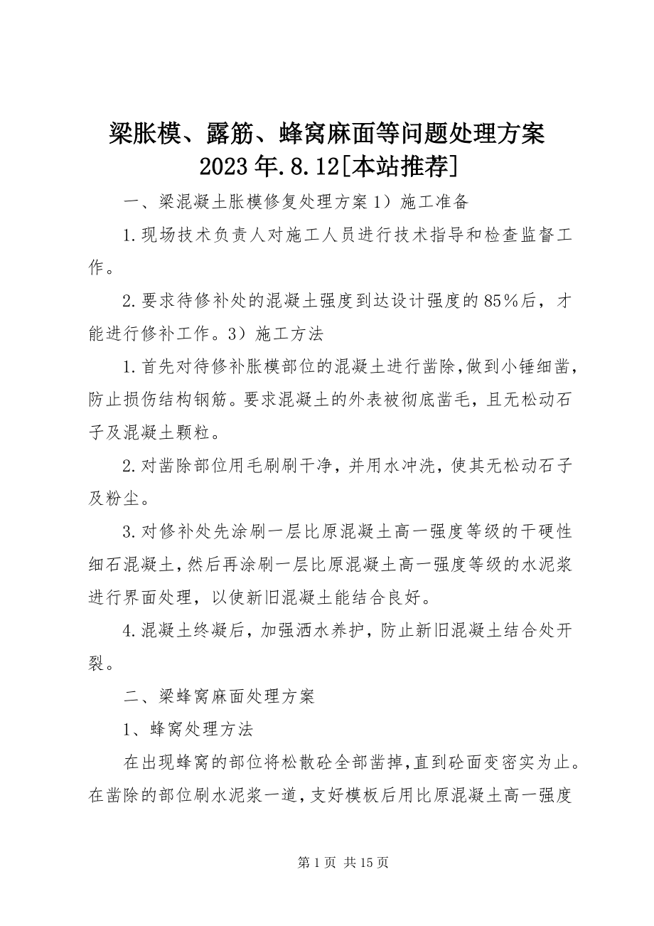 2023年梁胀模、露筋、蜂窝麻面等问题处理方案812本站推荐.docx_第1页