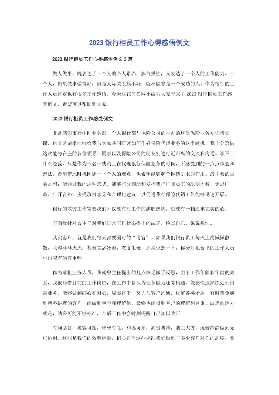 2023年银行柜员工作心得感悟例文.docx_第1页