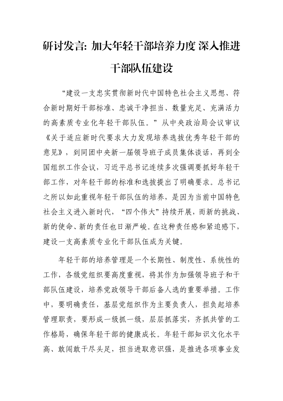 研讨发言：加大年轻干部培养力度 深入推进干部队伍建设.docx_第1页