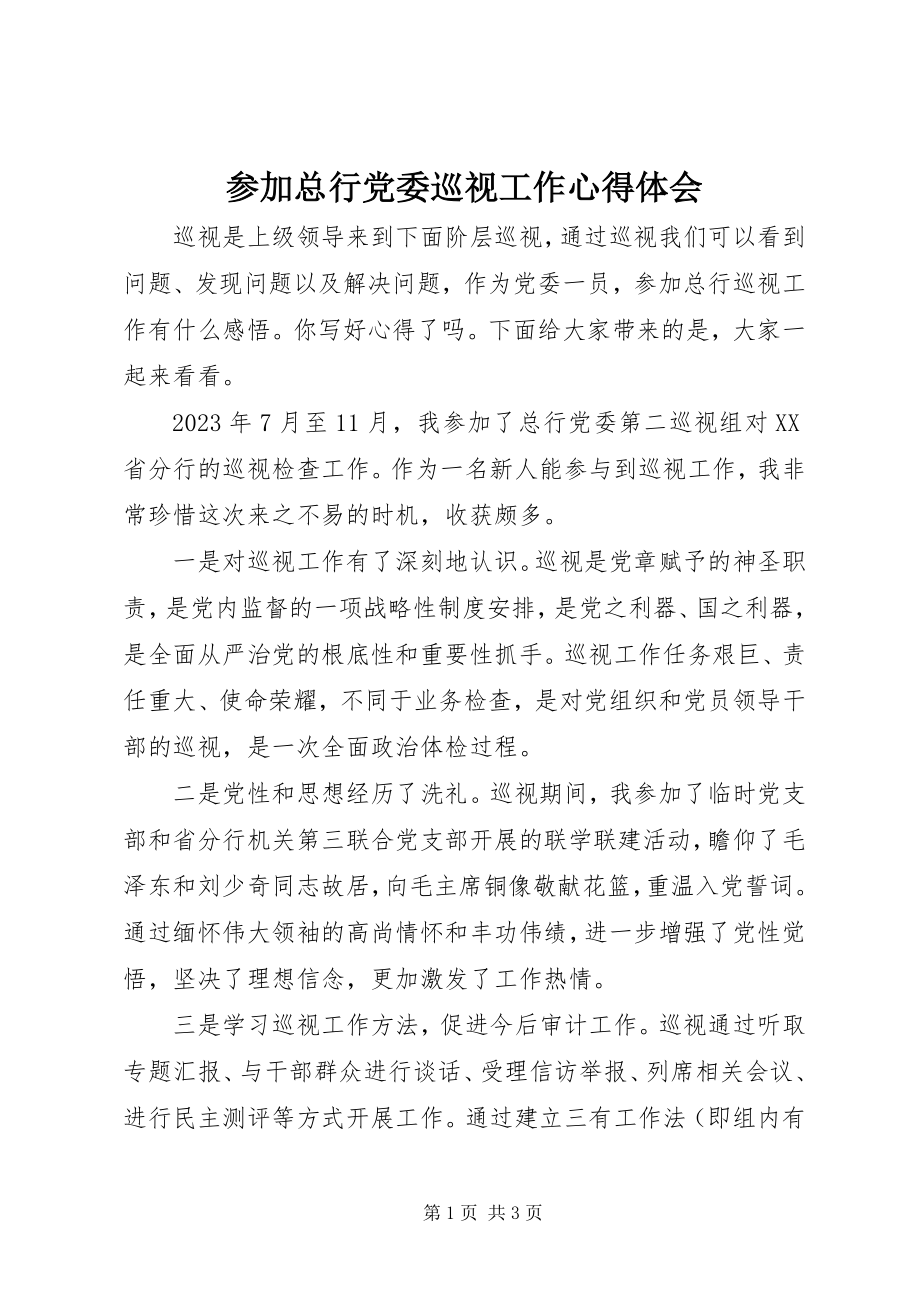 2023年参加总行党委巡视工作心得体会新编.docx_第1页