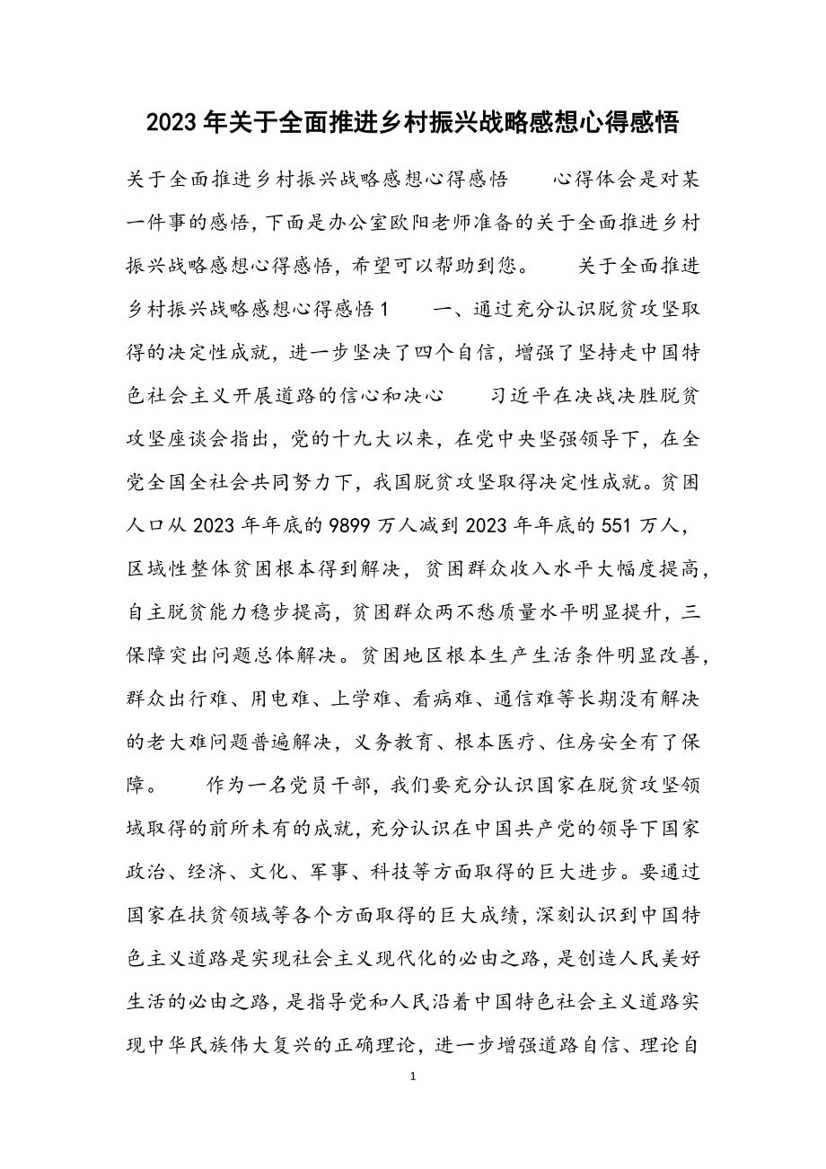 关于2023年全面推进乡村振兴战略感想心得感悟.docx_第1页