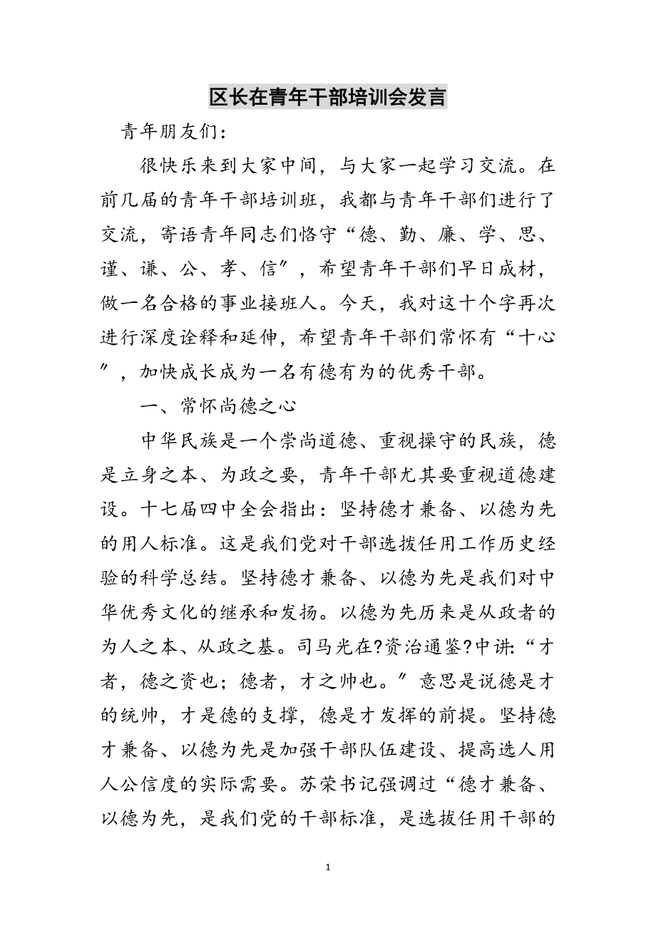 2023年区长在青年干部培训会发言范文.doc_第1页