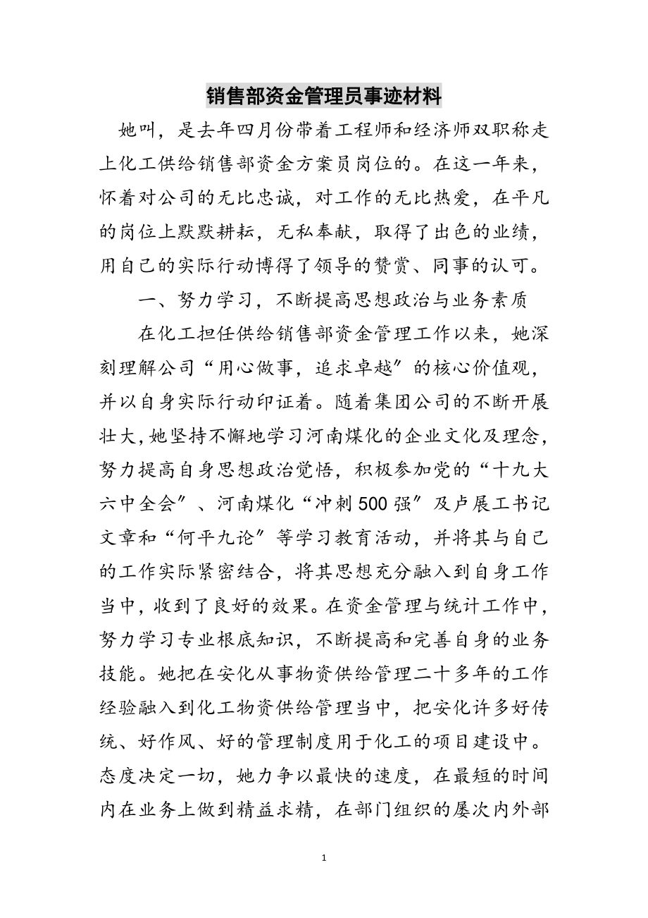 2023年销售部资金管理员事迹材料范文.doc_第1页