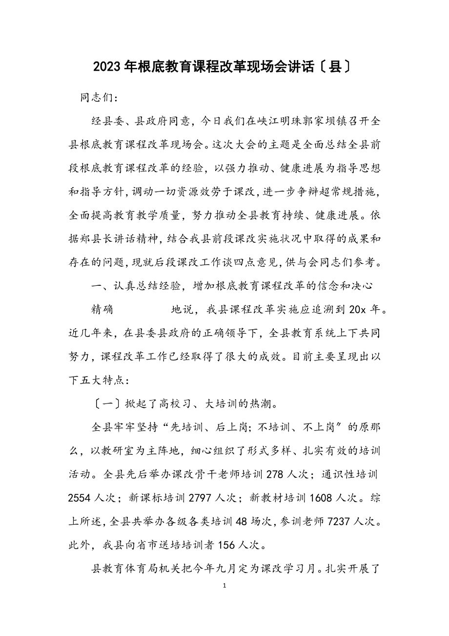 2023年基础教育课程改革现场会讲话（县）.docx_第1页