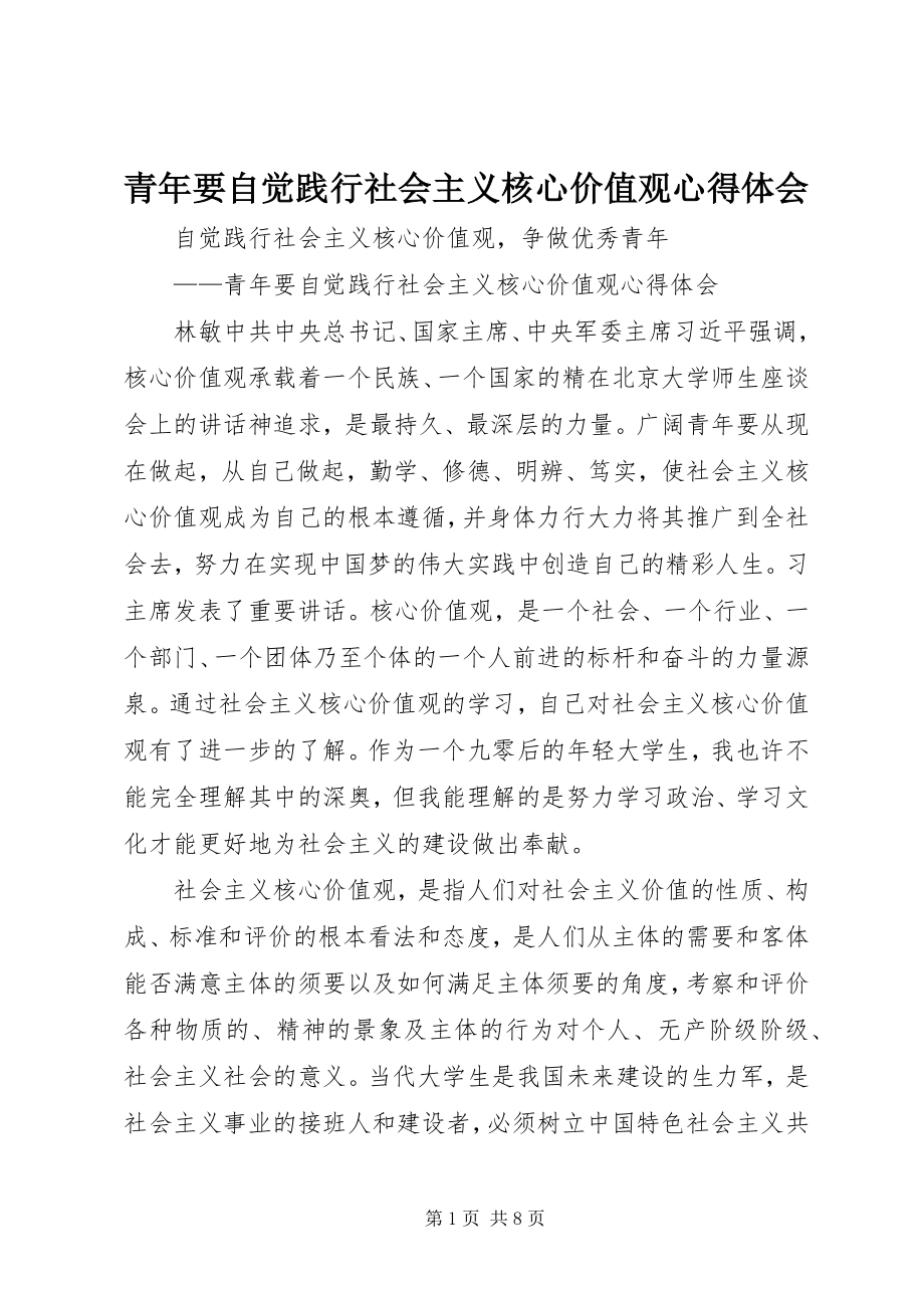 2023年青年要自觉践行社会主义核心价值观心得体会.docx_第1页