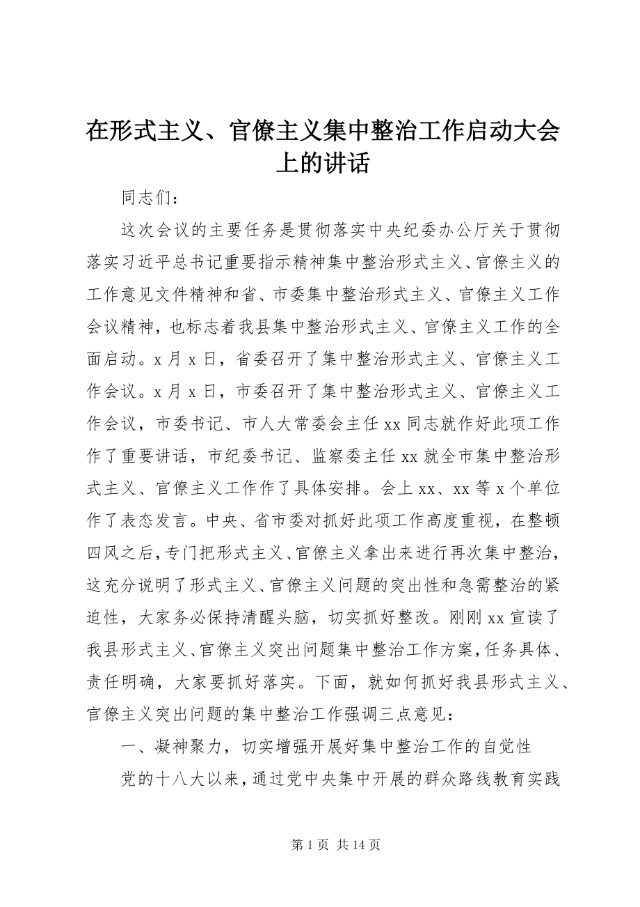 2023年在形式主义官僚主义集中整治工作启动大会上的致辞.docx_第1页