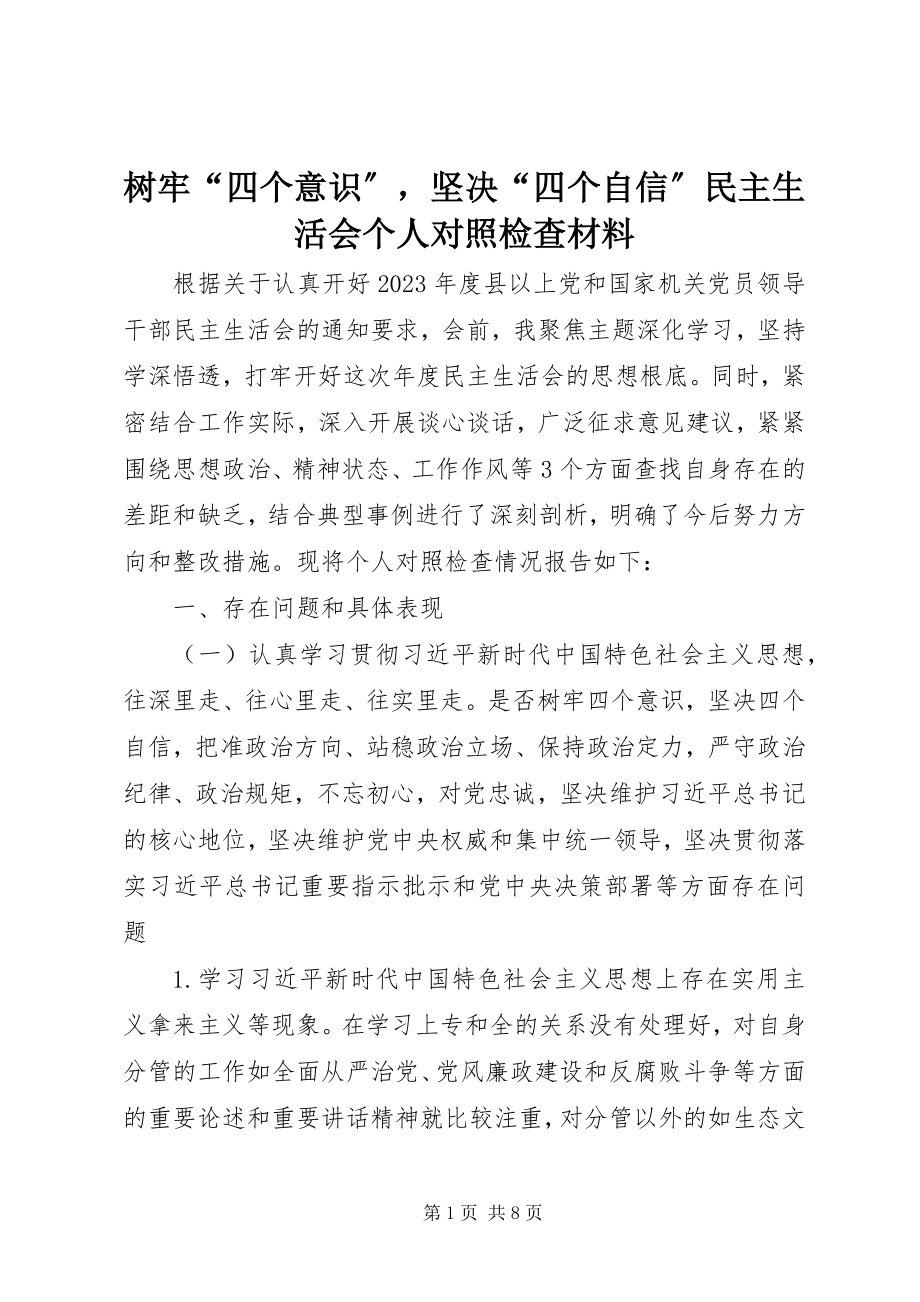 2023年树牢“四个意识”坚定“四个自信”民主生活会个人对照检查材料.docx_第1页