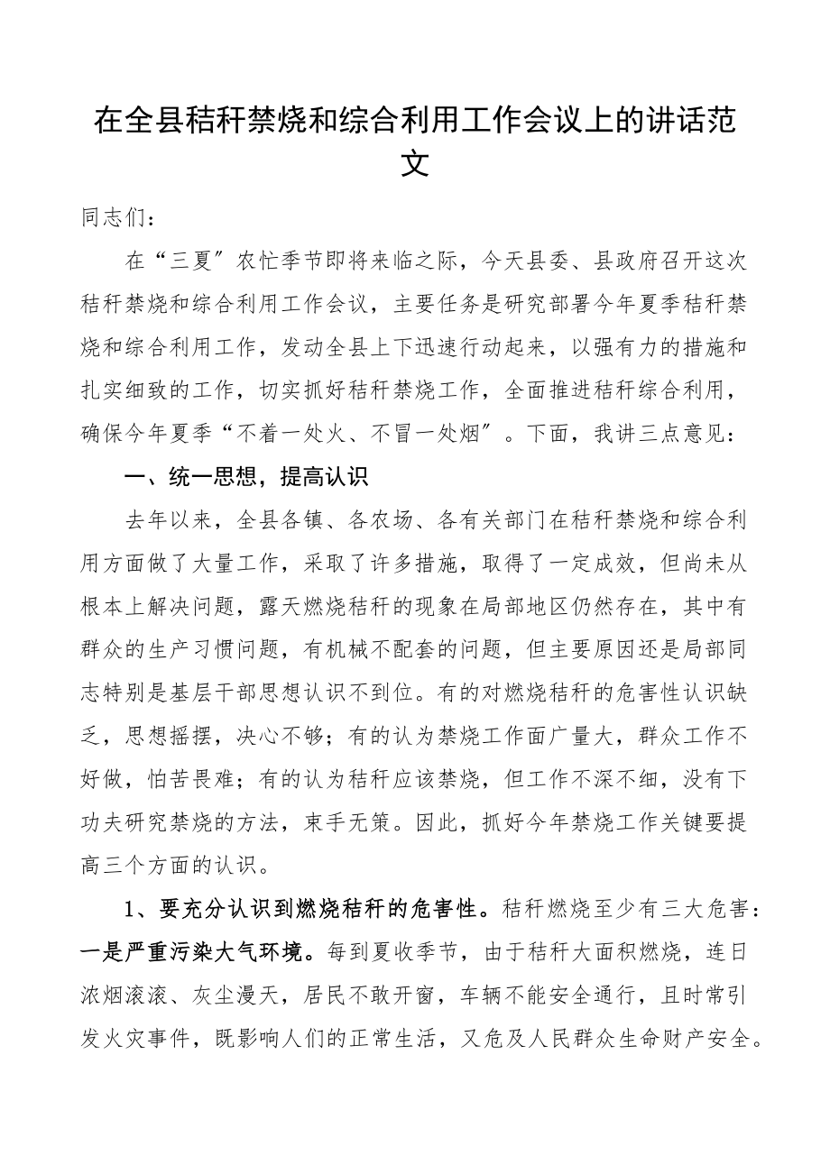 讲话在全县秸秆禁烧和综合利用工作会议上的讲话范文.docx_第1页