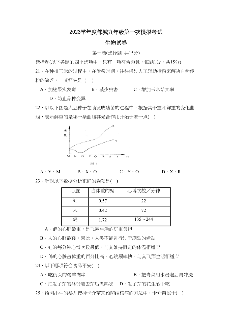 2023年度邹城九年级第一次模拟考试初中生物.docx_第1页