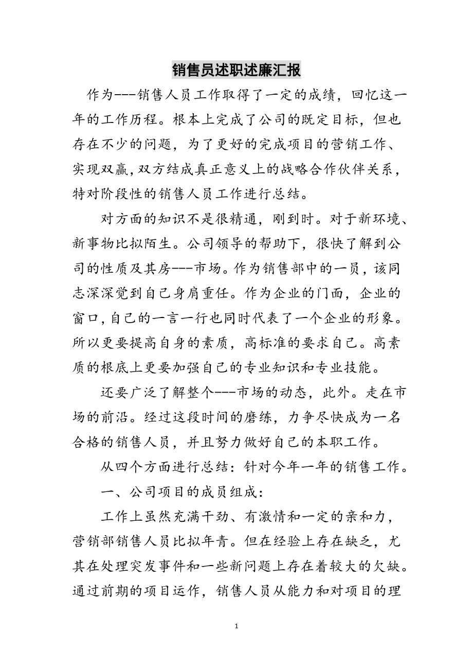 2023年销售员述职述廉汇报范文.doc_第1页