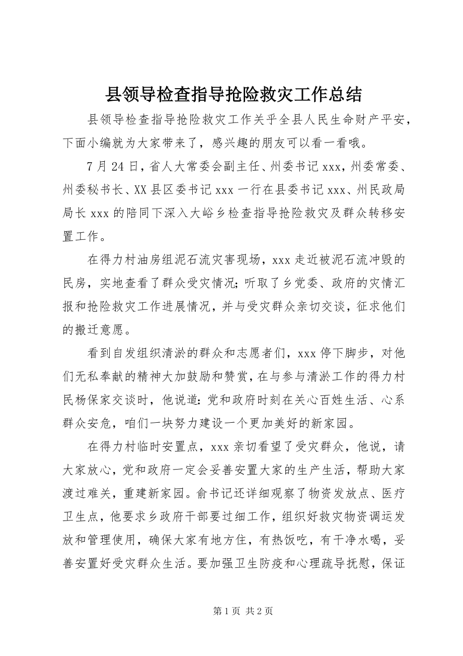 2023年县领导检查指导抢险救灾工作总结.docx_第1页