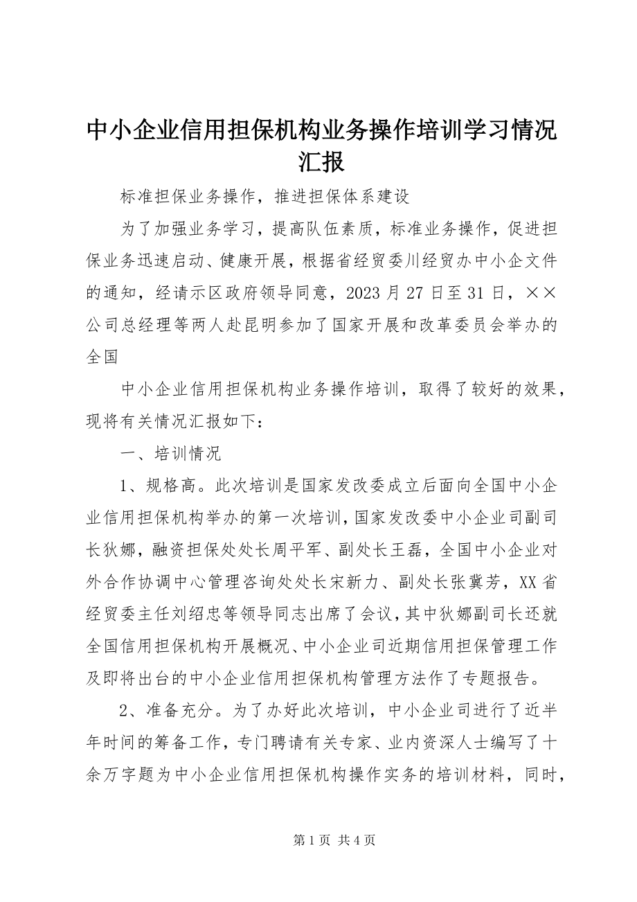 2023年中小企业信用担保机构业务操作培训学习情况汇报.docx_第1页