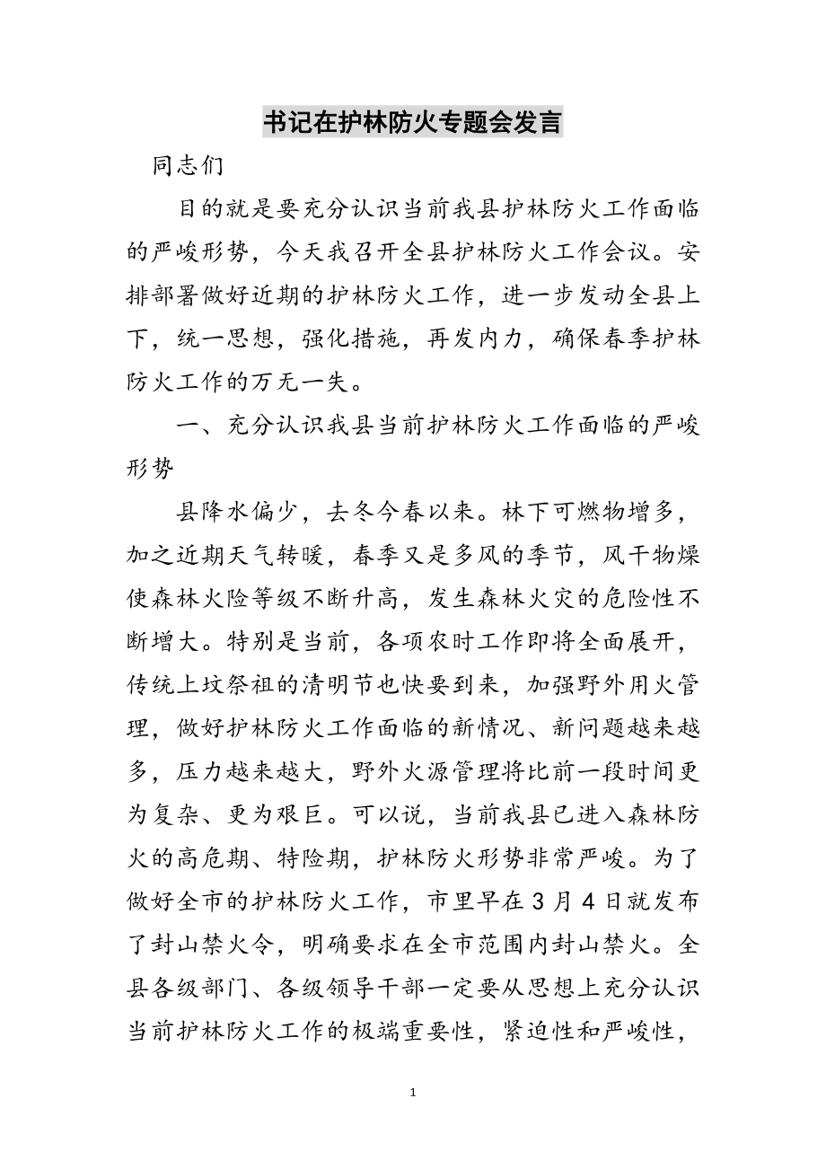 2023年书记在护林防火专题会发言范文.doc_第1页