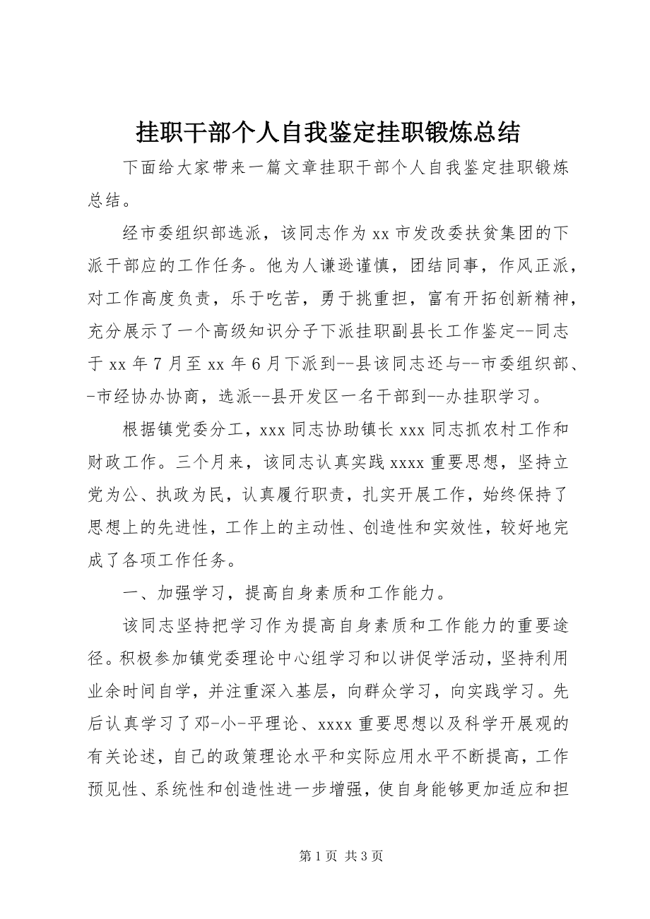 2023年挂职干部个人自我鉴定挂职锻炼总结.docx_第1页