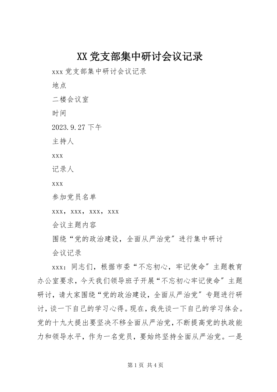 2023年XX党支部集中研讨会议记录新编.docx_第1页