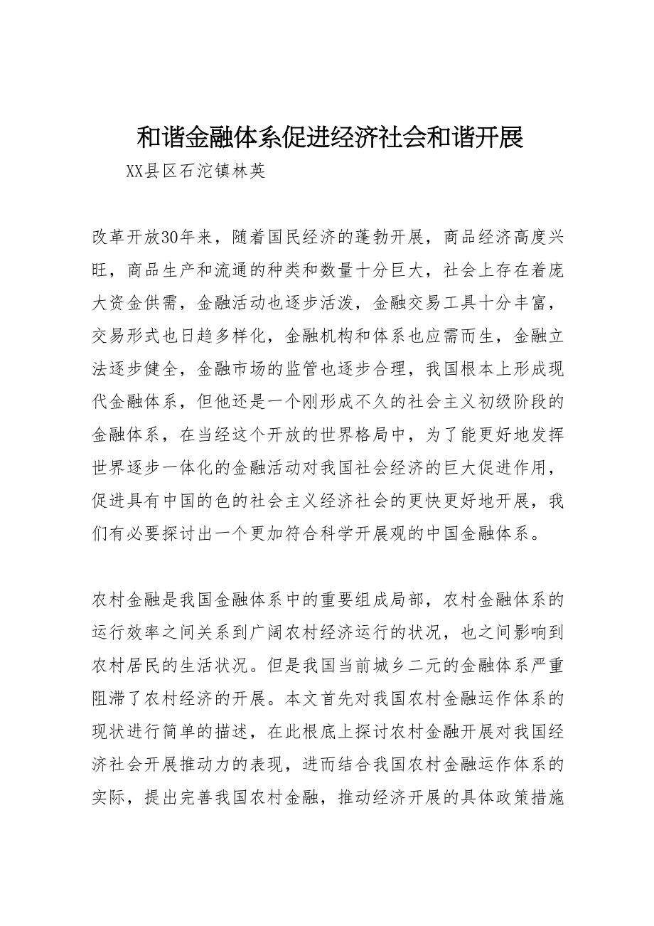 2023年和谐金融体系促进经济社会和谐发展.doc_第1页