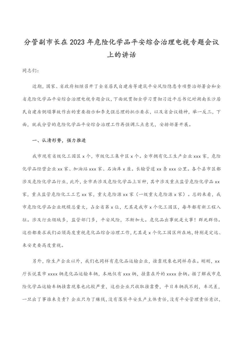 分管副市长在2023年危险化学品安全综合治理电视电话专题会议上的讲话范文.docx_第1页