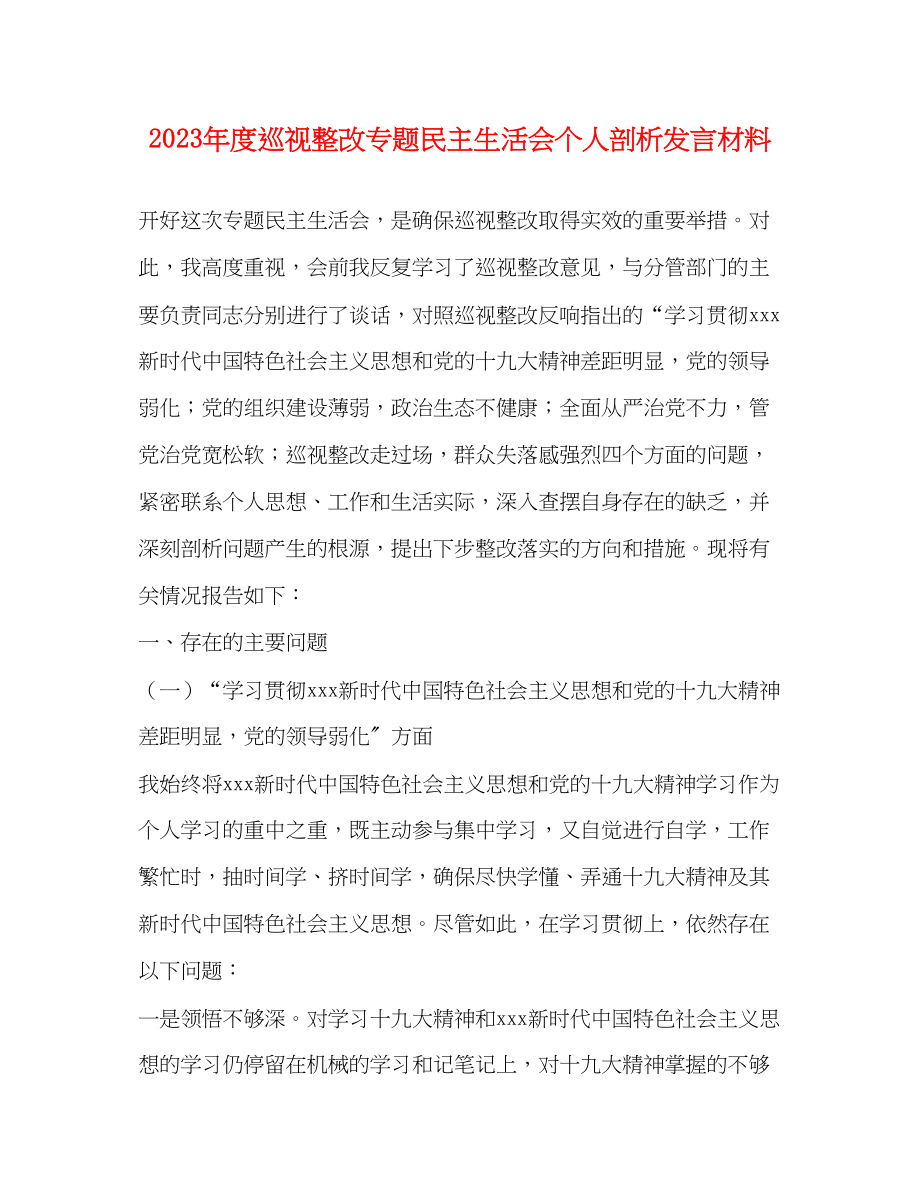 2023年度巡视整改专题民主生活会个人剖析发言材料2.docx_第1页